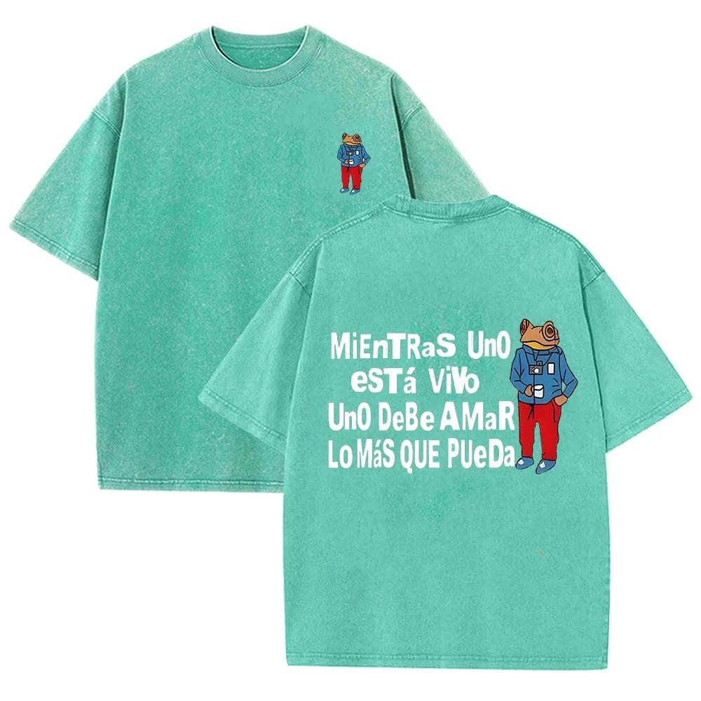 2026 Spanish Quote Cool Frog With Camera Graphic Vintage Washed T Shirt Latin Music Lover Casual Oversized Short Sleeve Streetwe