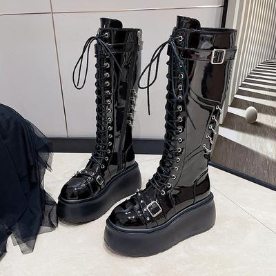 Fashion Heavy Metal Platform Women Boots New Dark Punk Heightened Chain Rivet Lace-up High Boots Female Zip Rock Biker Boots