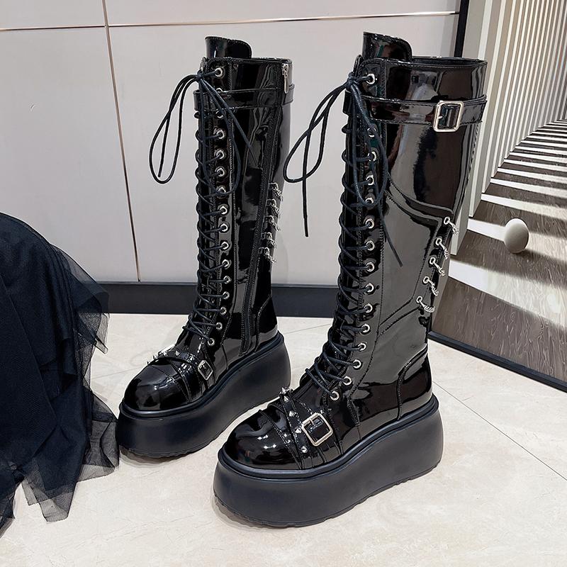 Fashion Heavy Metal Platform Women Boots New Dark Punk Heightened Chain Rivet Lace-up High Boots Female Zip Rock Biker Boots