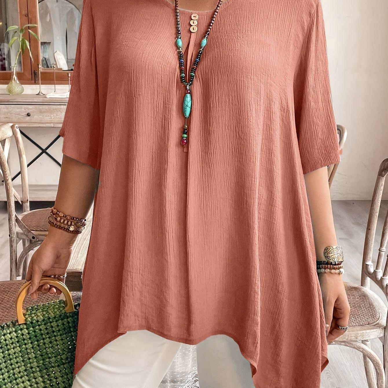 

Plus Size Women s Casual Irregular Short Sleeve Top 1XL помаранчево-червоний