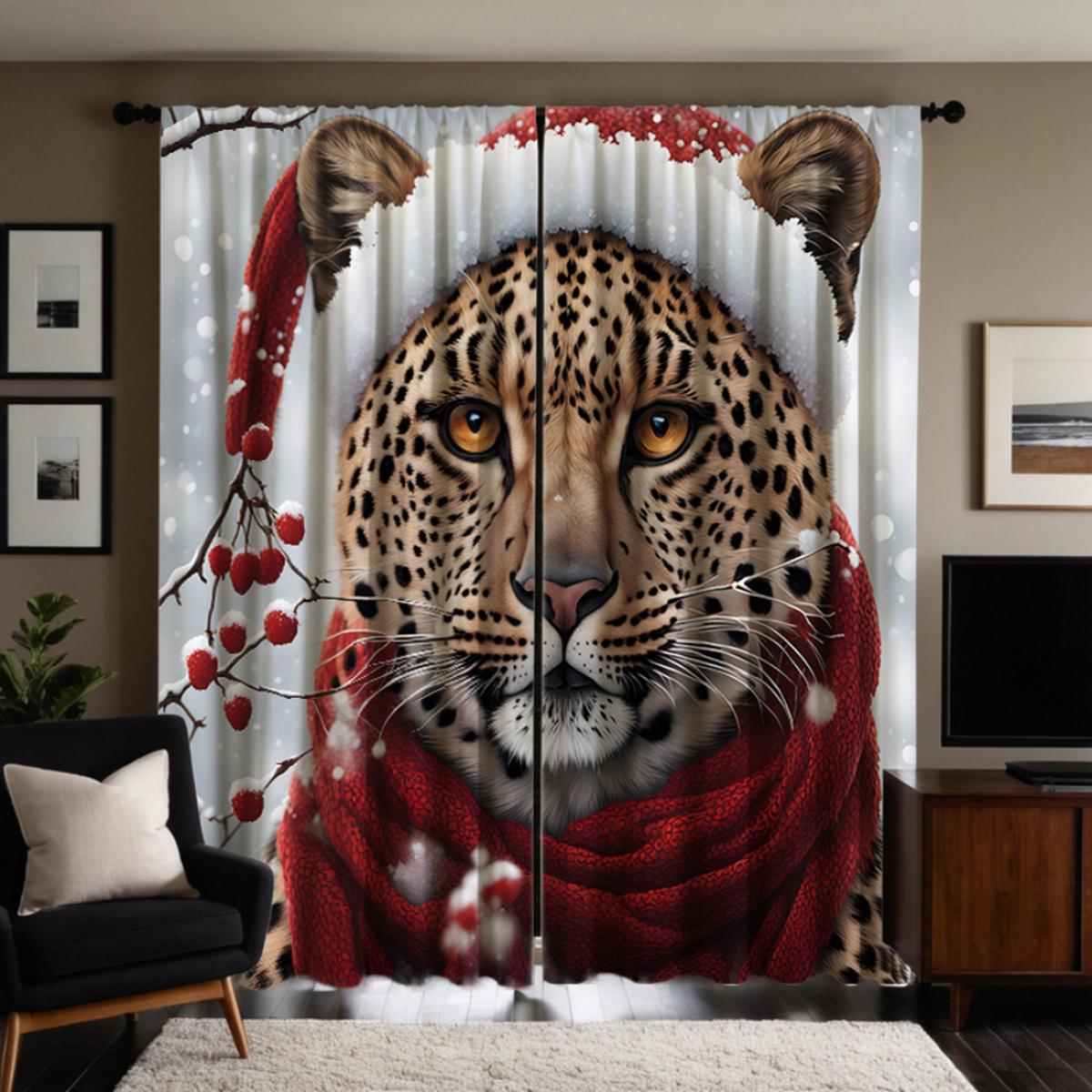 

Комплект из 2 шт., декоративная занавеска с леопардовым принтом и шапкой Санты, желтая завязка, цифровая печать, стиль домашнего декора, украшение liv W52H63inchW132H160cm