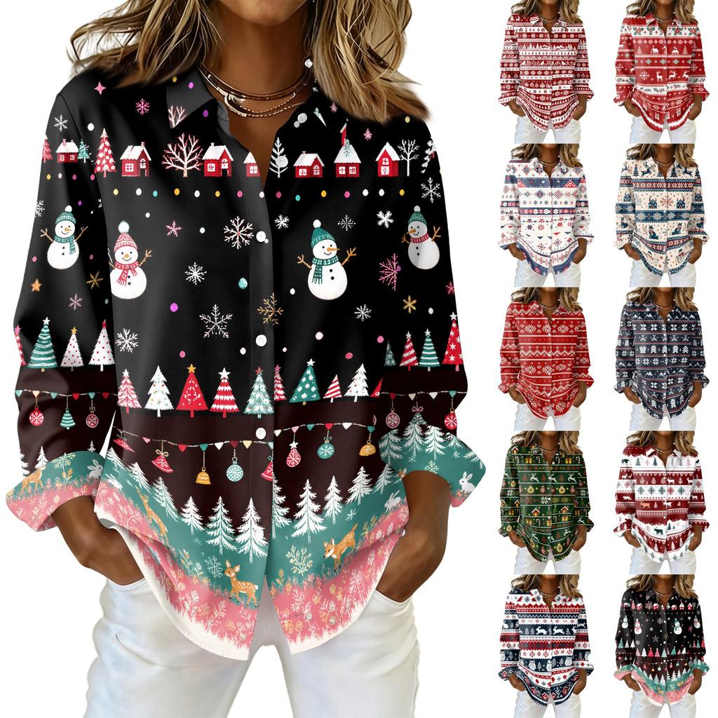 Women's Casual Christmas Print Long Sleeve Button Down Shirt with Fit