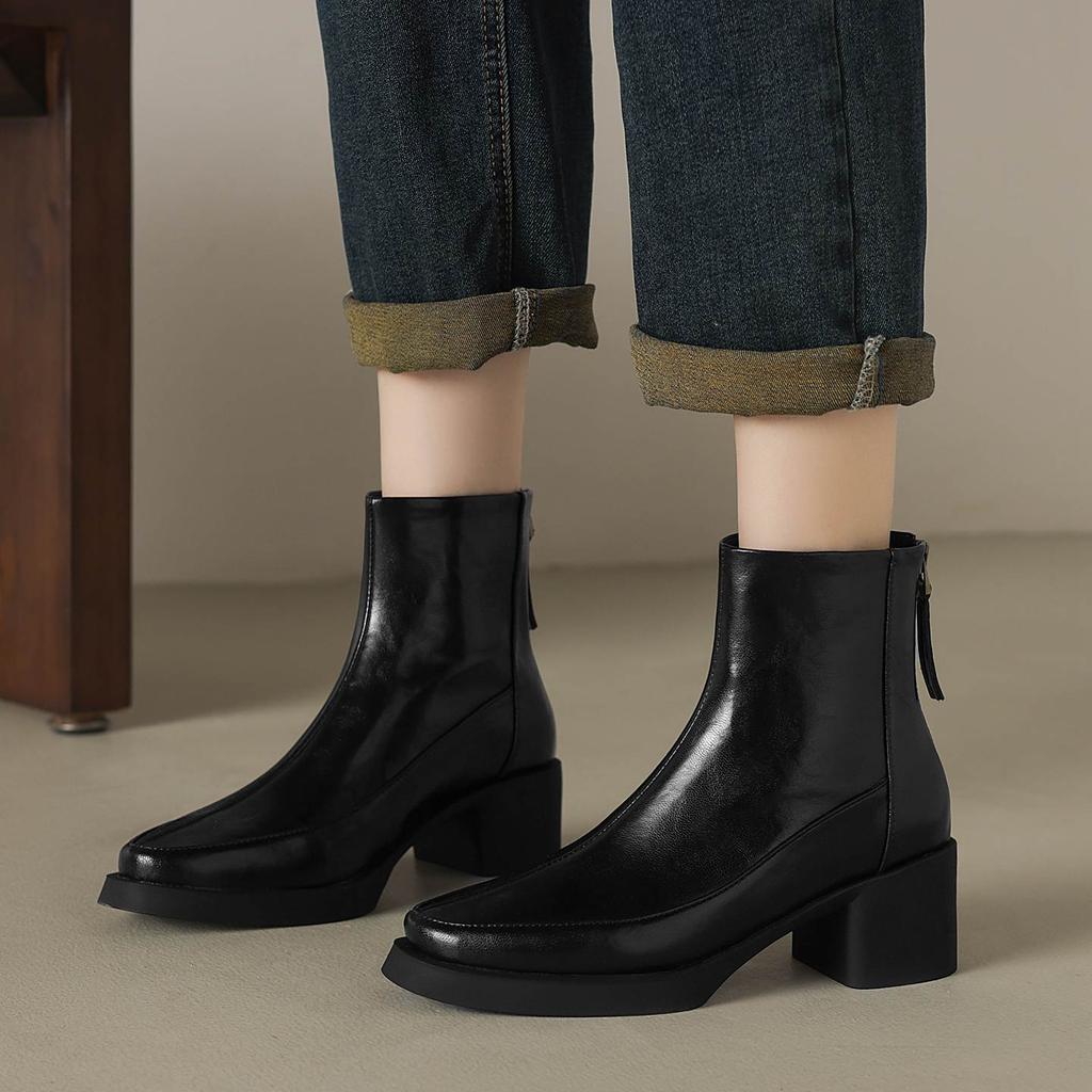 Krazing Pot Cow Skin Winter Round Toe Chunky Heels Motorcycle Boots Size 43 Zipper Women Platform Ankle Boots