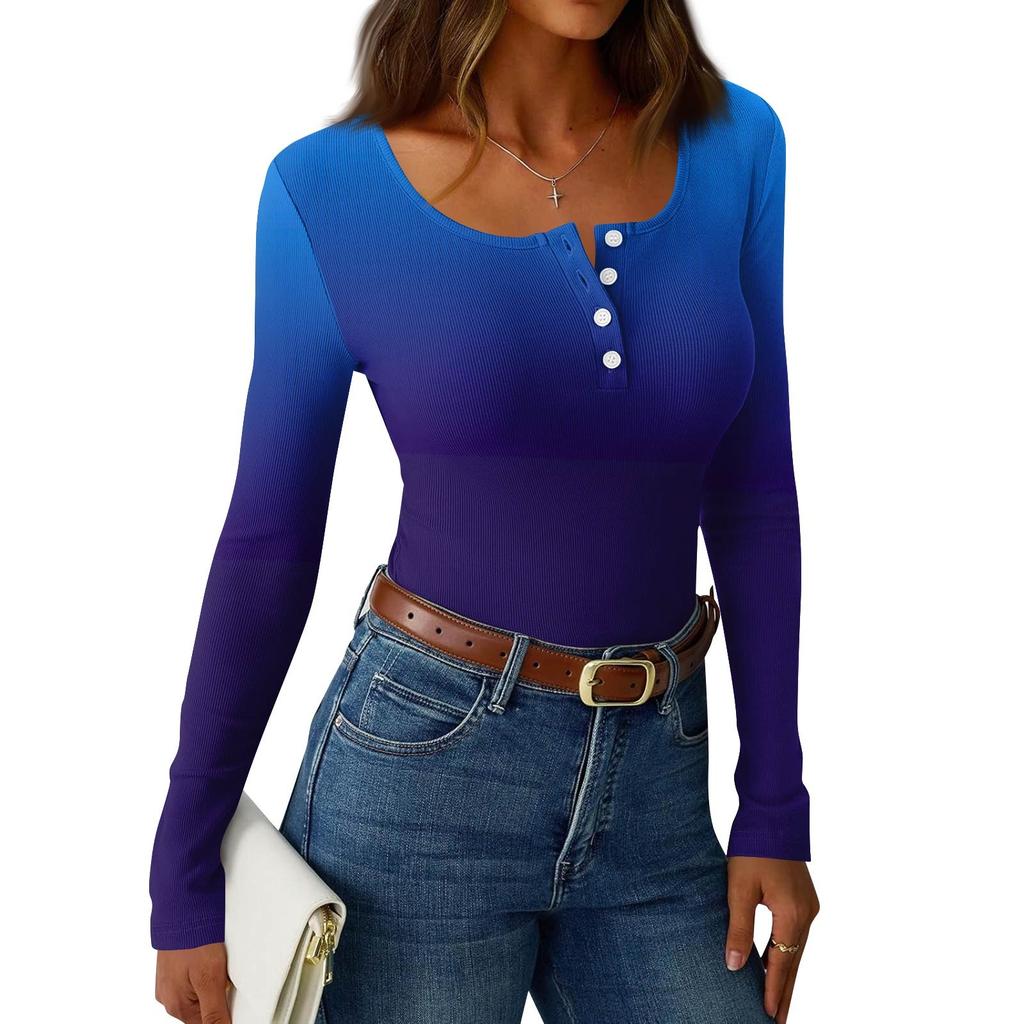 Dámské tričko s úzkým spodním lemem Módní ležérní s gradientním potiskem Kulatý výstřih Pulovr Dlouhý rukáv Top