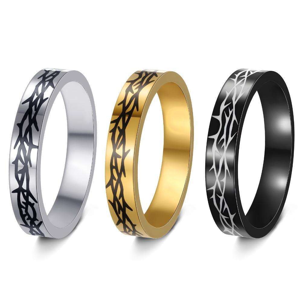 4MM Women Stainless Steel Rings for Engagement Wedding Band Jewelry Thorns Print Polished Titanium Steel Rings Gift