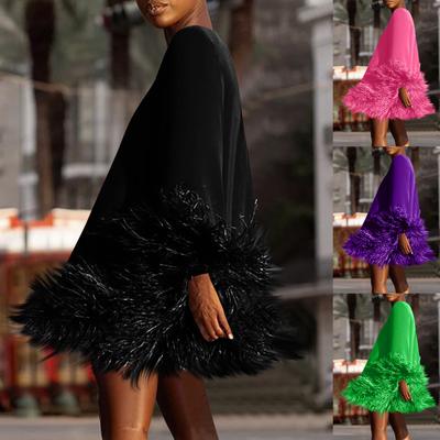Elegante Vestito da Donna a Maniche Lunghe con Bordi in Piume Mini Abito Chic a Linea A per Feste, Eventi e Occasioni Speciali