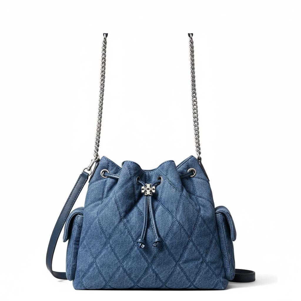 Tory Burch Charlie Adjustable Detachable Shoulder Strap Denim Shoulder Bag Women Shoulder Bag Blue 183603-400