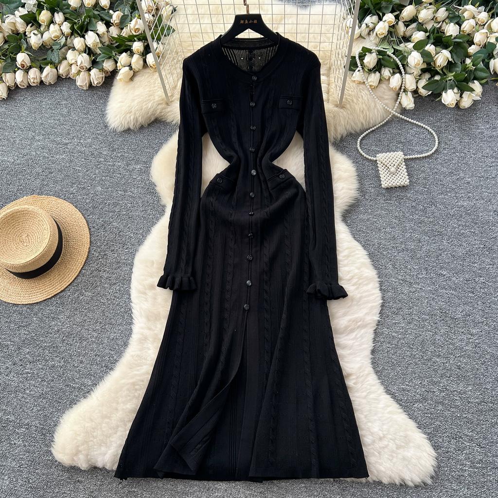 Herbst Winter Damen Marke Designer Laufsteg Partykleider Langarm Strickpullover Lang Maxi Pullover Robe