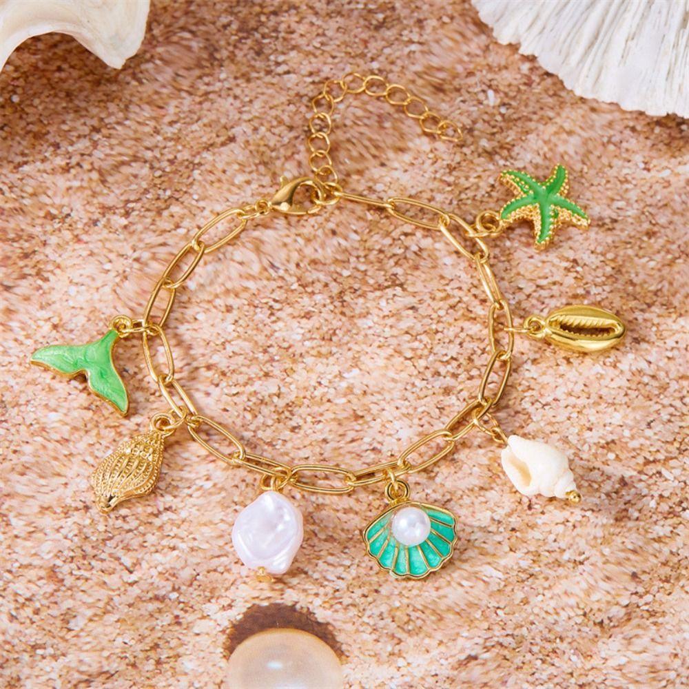 Tassel Metal Gold Bracelet Pearl Bohemian Beach Jewelry Retro Shell Starfish Bracelet  Women