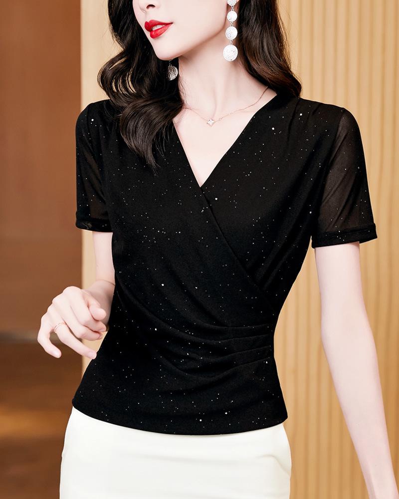 

Лето 2023 Женская модная блузка из блестящей сетки с V-образным вырезом и коротким рукавом 3XL