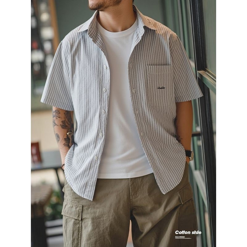 American Retro Style Pure Cotton Striped Short-Sleeve Shirt for Men, Summer Embroidered Jacket, Export Men's Clothing, All-Cotton Shirt