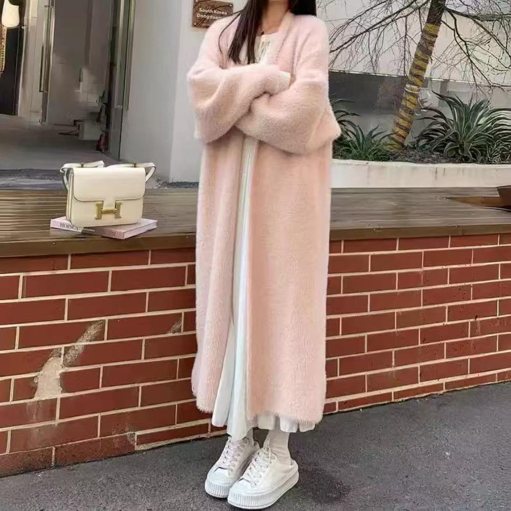 Faux Mink White Knit Cardigan Coat Women Autumn Winter Loose Fluffy Long Oversized Fuzzy Plush Sweater Jacket