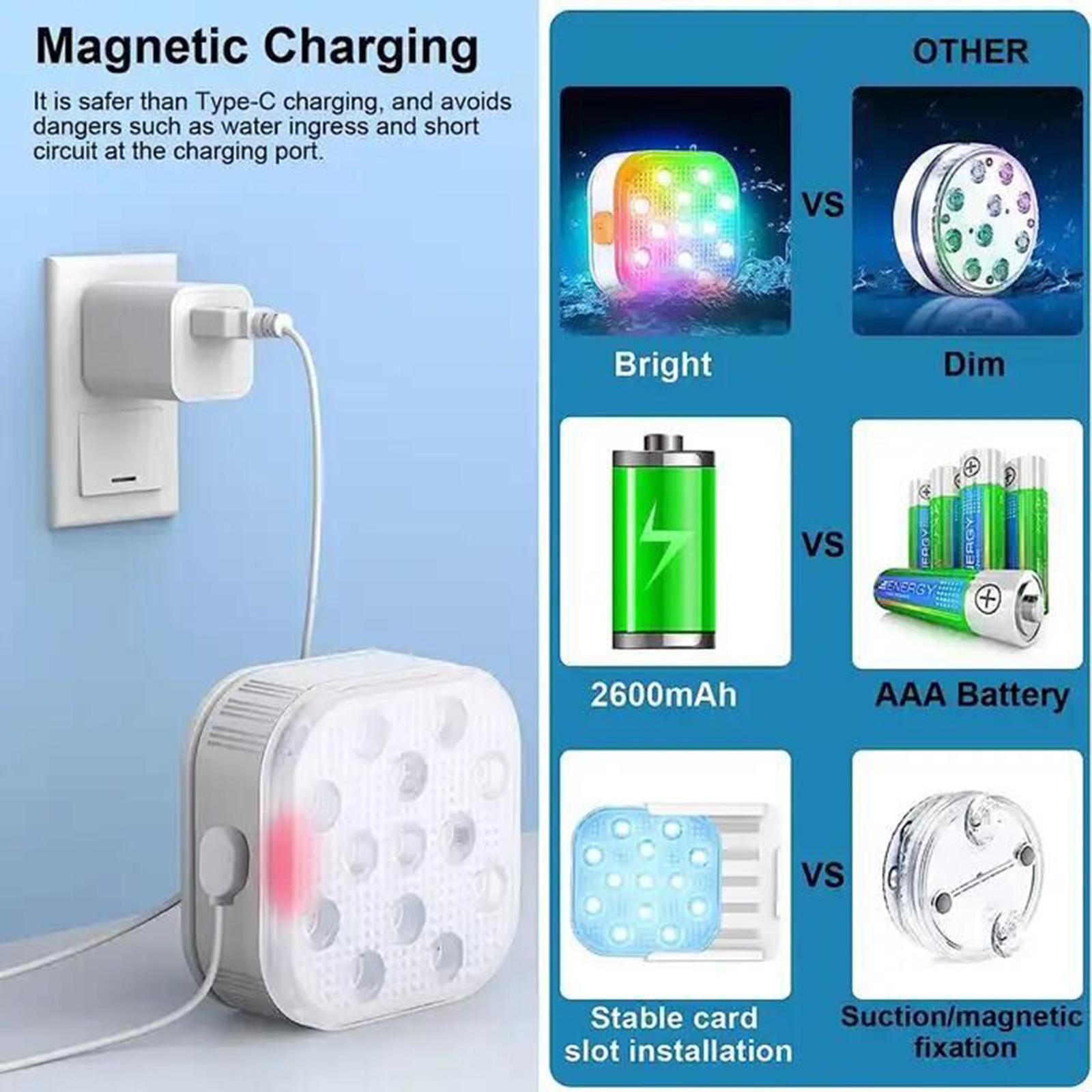 

Color Charging LED Pool Light IP68 Waterproof Bathtub Light Dimmable Fountain Light with Remote Control 16 Colors Light 6 Dynamic Modes 2HCelsius4HCel