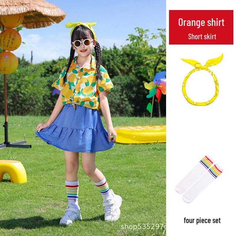 In-Stock Hong Kong Style Floral Cheerleading Uniforms for Boys & Girls - Short Sleeve Performance Costumes (Kindergarten)