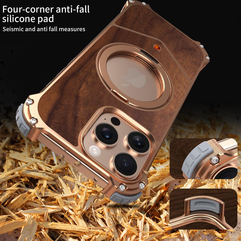 For iPhone 13 Pro Max Case Wood Covered Metal Boardless Phone Back Cover with Kickstand