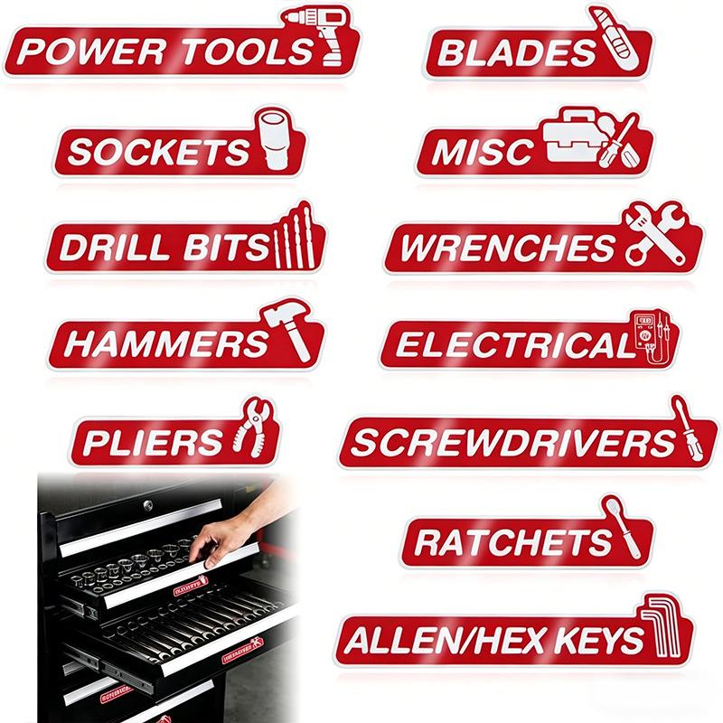 12 Pcs Tool Box Magnetic Labels with Icons, Automotive Toolbox Magnet Stickers