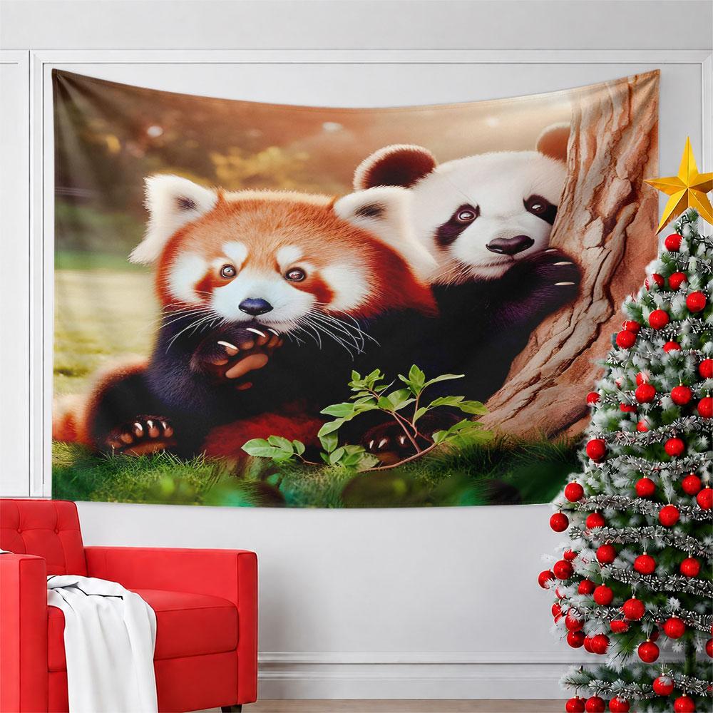 Red Panda and Giant Panda by Tree Pattern Wall Hanging Tapestry Decorative Tapestry Home Decor for Bedroom and Living Room