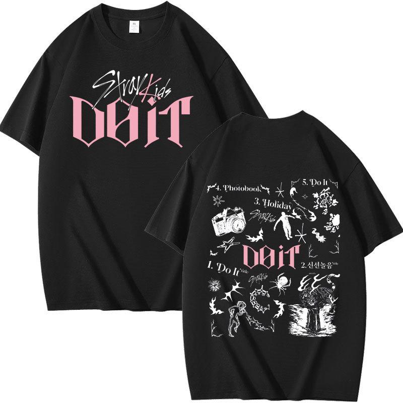 Stray Kids Do It Album T-Shirt, Vorderseite Rückseite Trackliste Gothic Skizze Grafik K-Pop Fan Kurzarm T-Shirt XXS schwarz