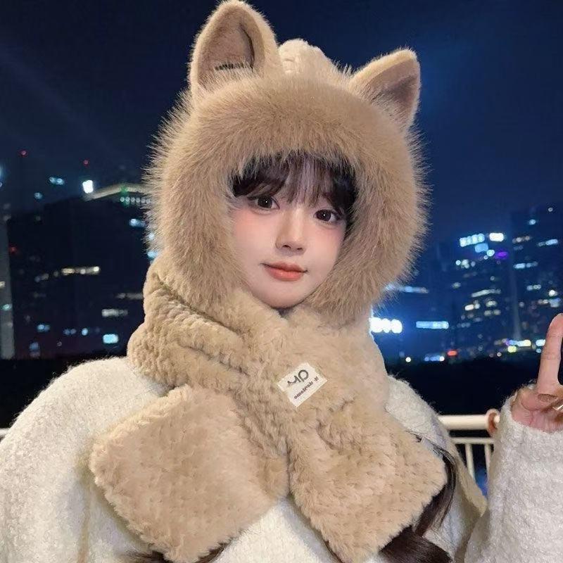 Bunny Ear Plush Hat And Scarf For Women Winter Style Cute Thick Warm Ear-Protecting Lei Feng Hat