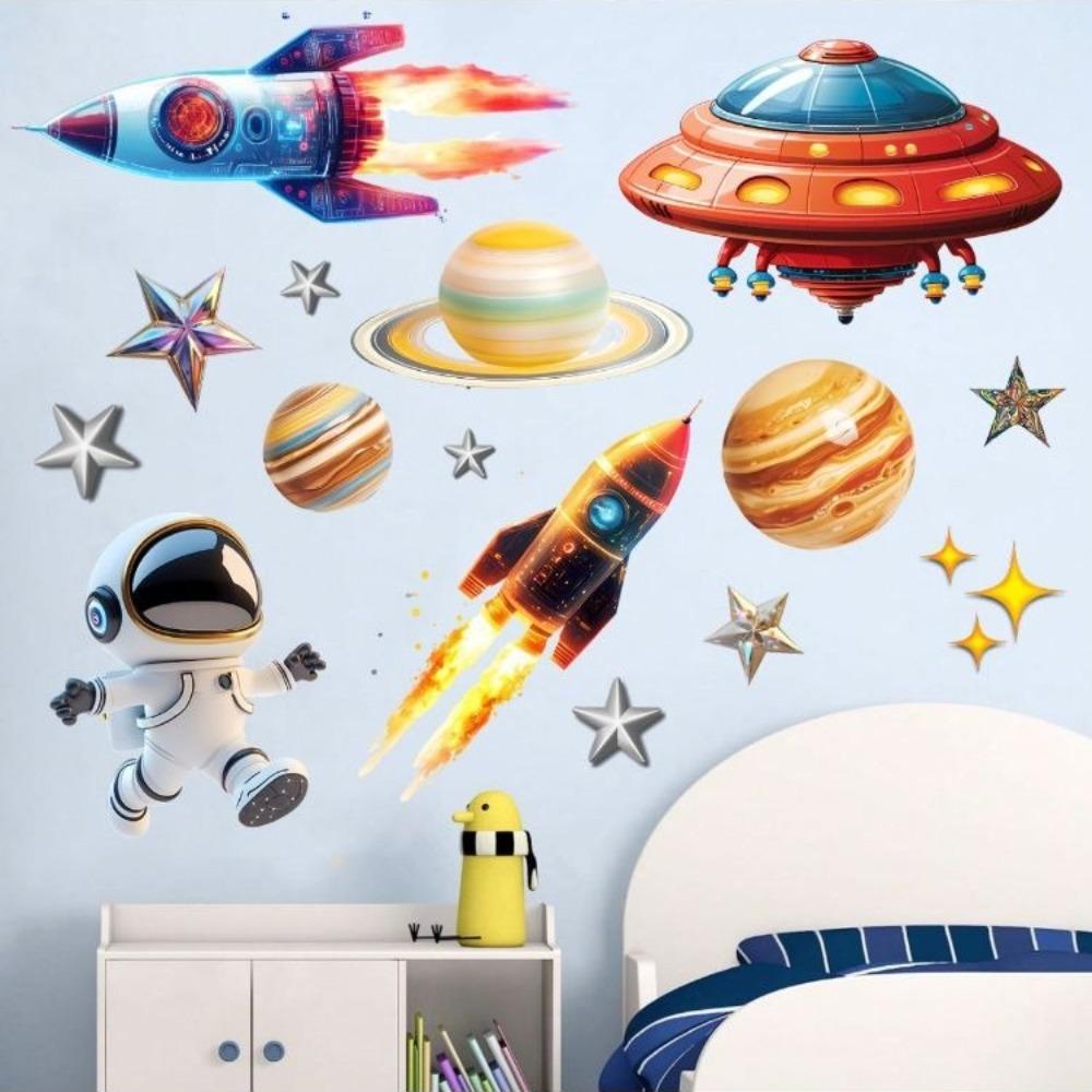 Solar System Kids Wall Stickers, Astronaut Stars Wall Decals, Decor for Baby Boy Girl Room Bedroom Living Room Classroom