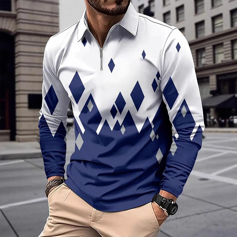 

Diamond Shaped Square Pattern 3D Digital Printing Men s Long Sleeved Zipper Polo Shirt L
