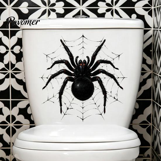 Realistic Spider Pattern Decor Halloween Toilet Cover Sticker, Scary Black Tank Festival Atmosphere Wall Sticker Lid Decal, Self-Adhesive Bathroom for