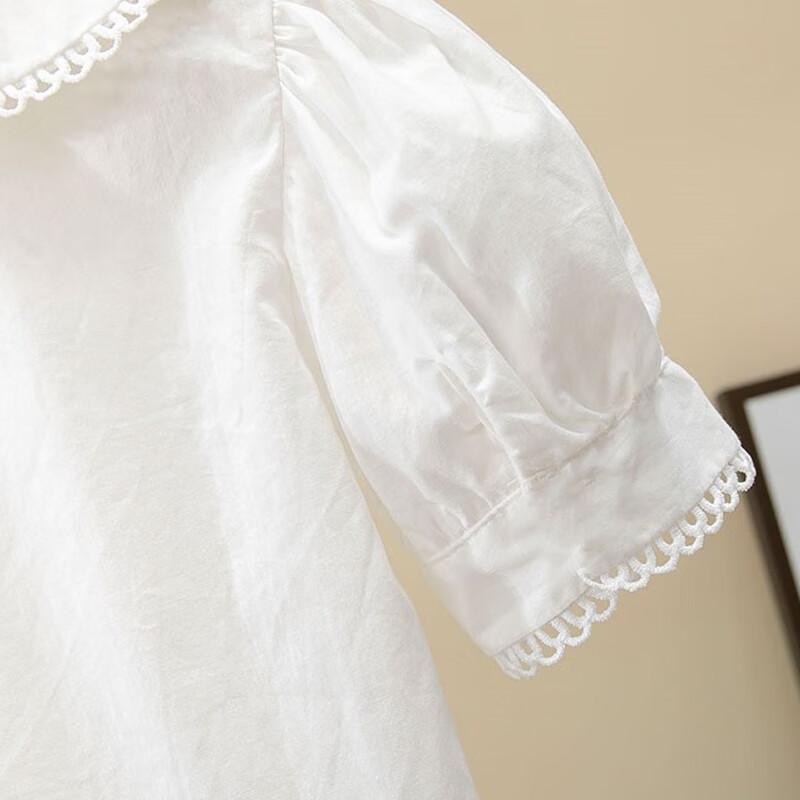 LUOBOBEIBEI Girls' White Blouse with Lace Trim, Versatile Japanese-Style Sweet Doll Collar Short-Sleeve Top, White, Size 130