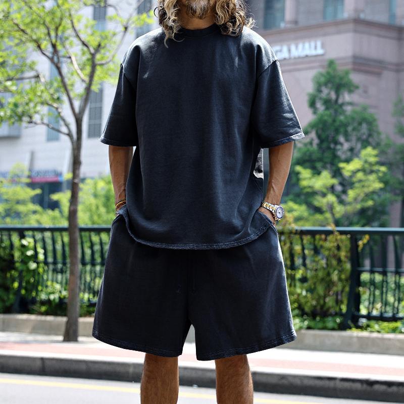 Sommer Herren Set Japanischer Stil Übergröße Lässig Locker Sportanzug Kurzarm T-Shirt Shorts Zweiteiler Herrenbekleidung