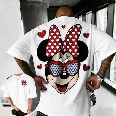 2026 Verão Disney Fofo Mickey Mouse Estampado Camiseta 100% Algodão Manga Curta Casual Solta Respirável Top Unissex