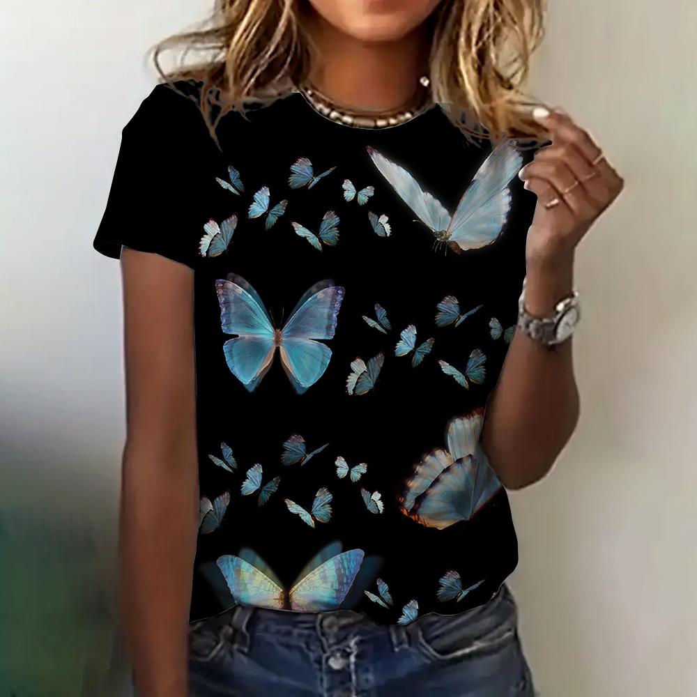 Women's Clothing Summer 3D Printed T-shirt Loose Breathable Short Sleeve Fashion Butterfly Print Round Neck Casual Top Women's T-shirt