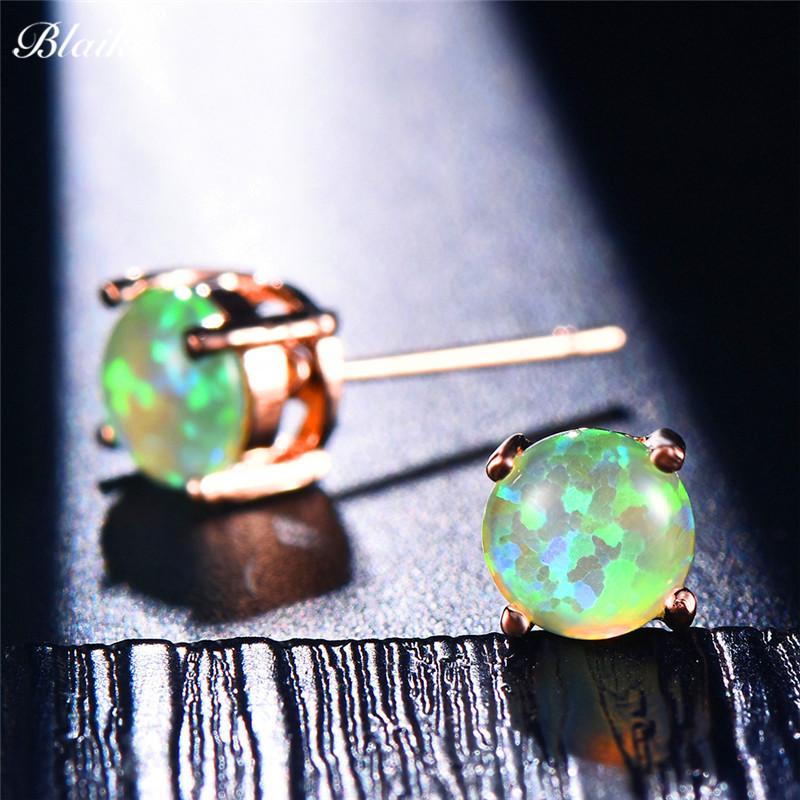 Luxury Jewelry Exquisite 6MM Round White Blue Green Fire Opal Stud Earrings For Women Silver Color Wedding Party Jewelry Gifts