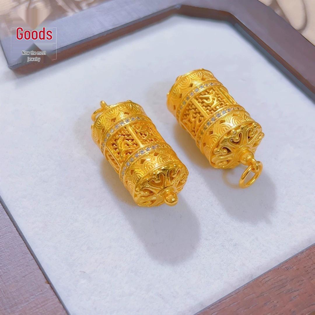 Gold Shop Six-Character Mantra Prayer Wheel Pendant Necklace: Chinese Retro Gilded Sand Gold with Rope for Autumn/Winter