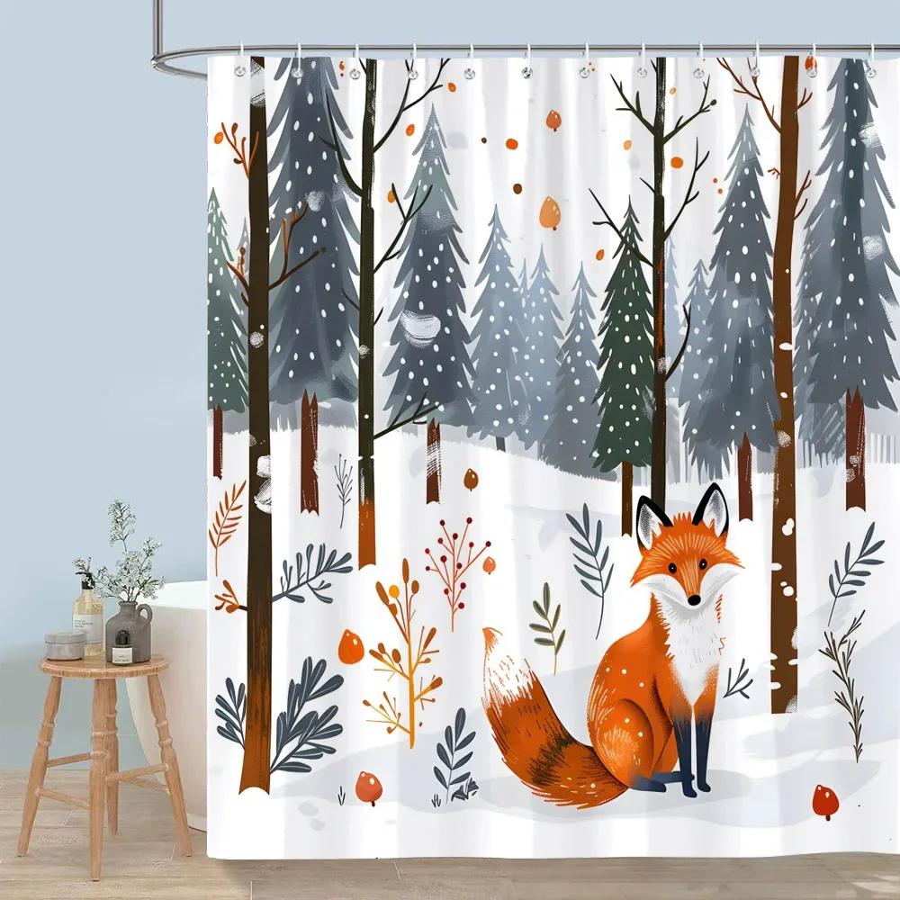 Cute Forest Animals Shower Curtain Winter Snow Fox Red Bird Deer Bear Rabbit Polyester Shower Curtains Bathroom Decor with Hooks