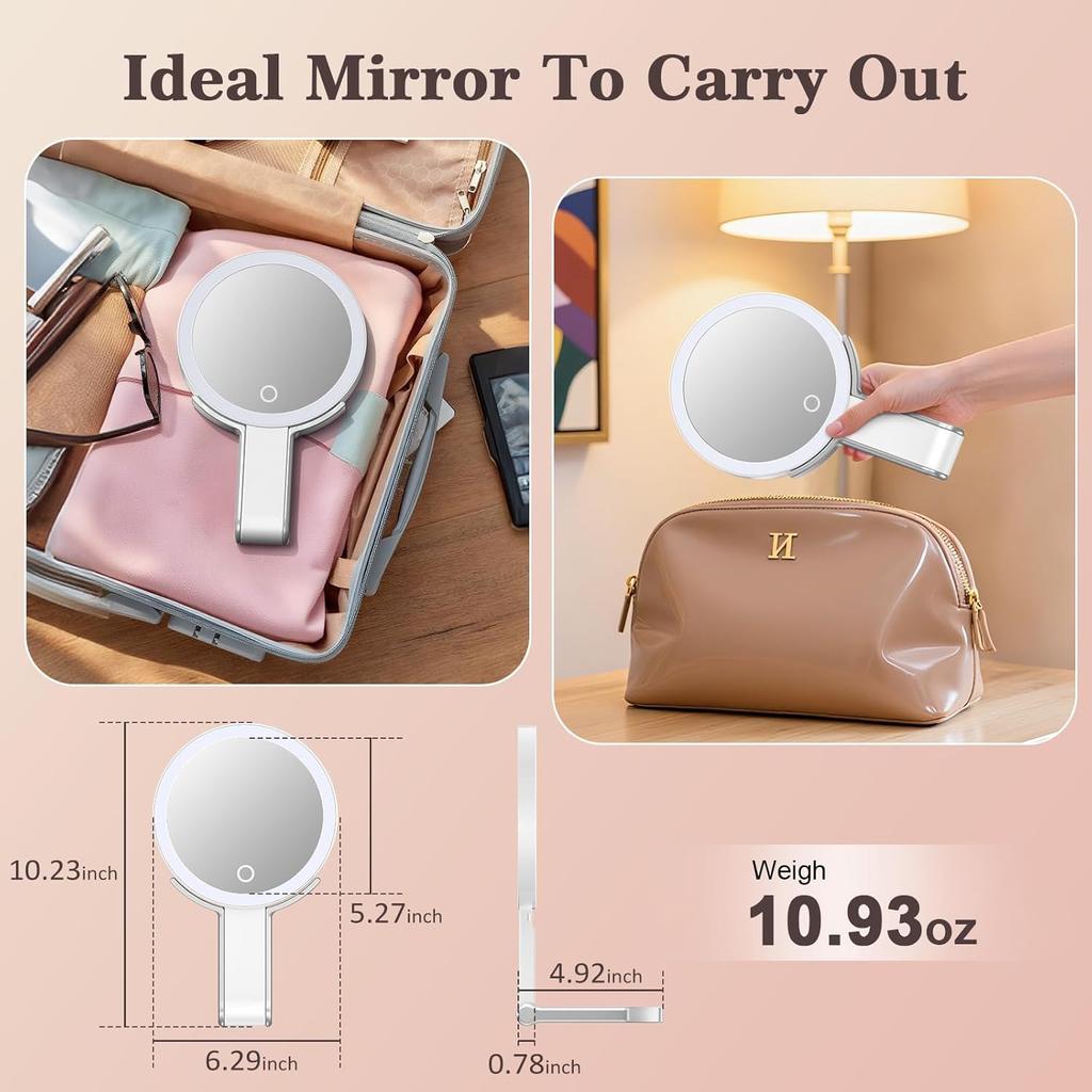 Travel Makeup Mirror with 3 Color Lights, 15X/1X Double Sided Lighted Magnifying Mirror, Portable Handheld Mirror, 3 in 1 Tabletop/Handheld/Hanging,