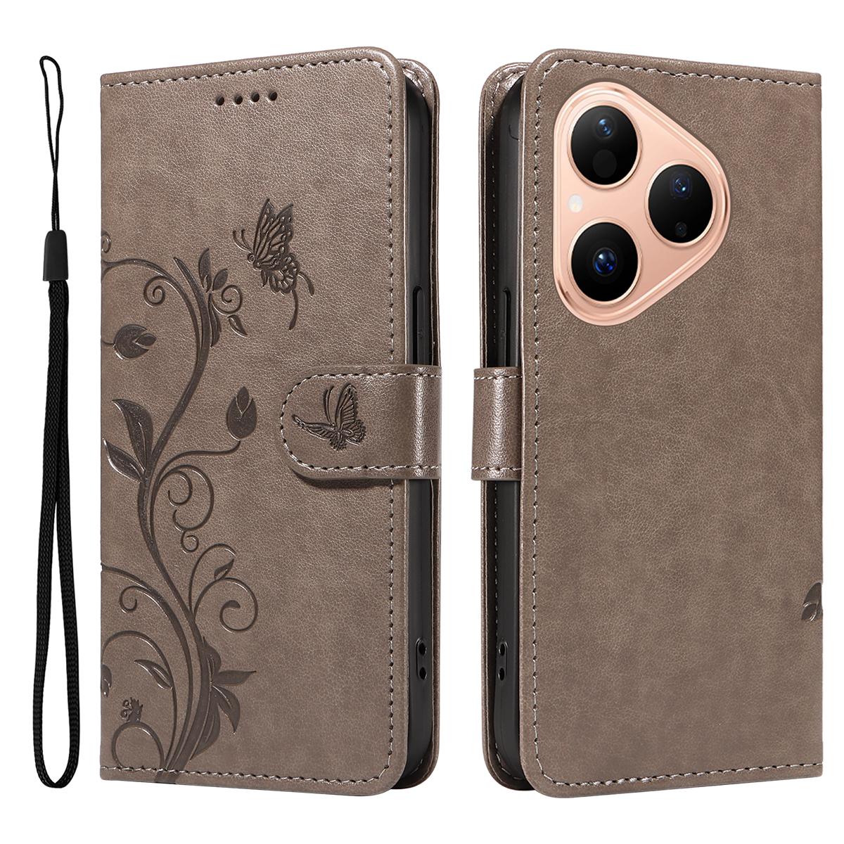 

For Huawei Pura 80 PU Leather Cases Flower Pattern Wallet Stand Phone Cover with Strap Grey