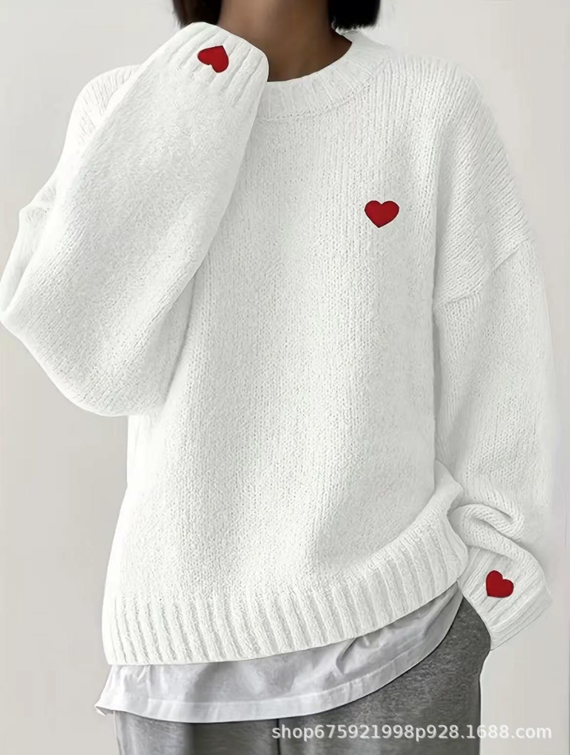 Heart Embroidery Casual Loose Pullover Sweater - European & American Style Large