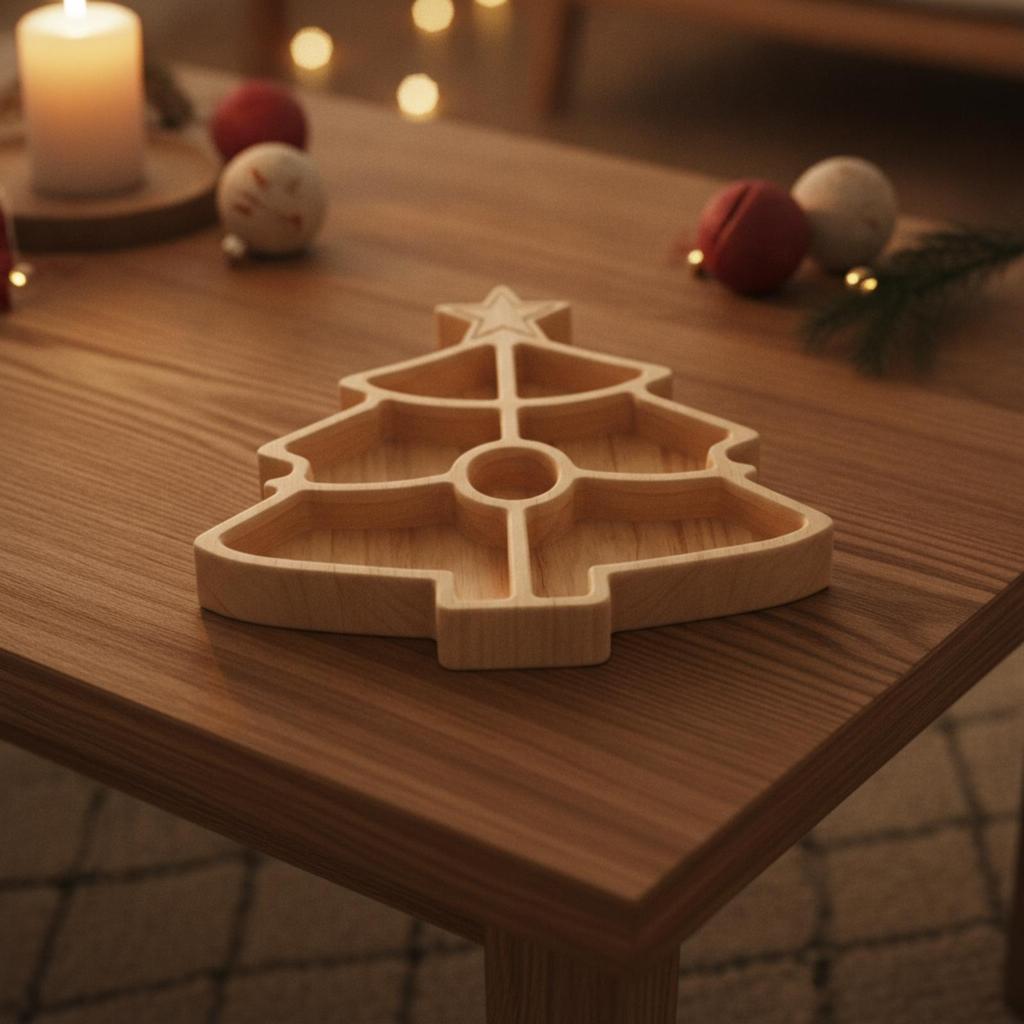 Wooden Christmas Divided Tray Wood Finish Holiday Snack with Raised Edges Festive