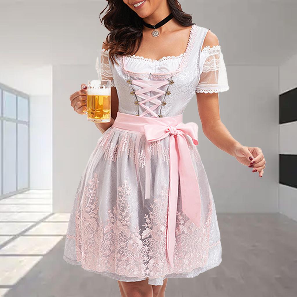 4Pcs German Bavarian Beer Festival Outfits Oktoberfest Costumes for Women Dirndl Dresses Blouse Apron Bows Ribbon Set