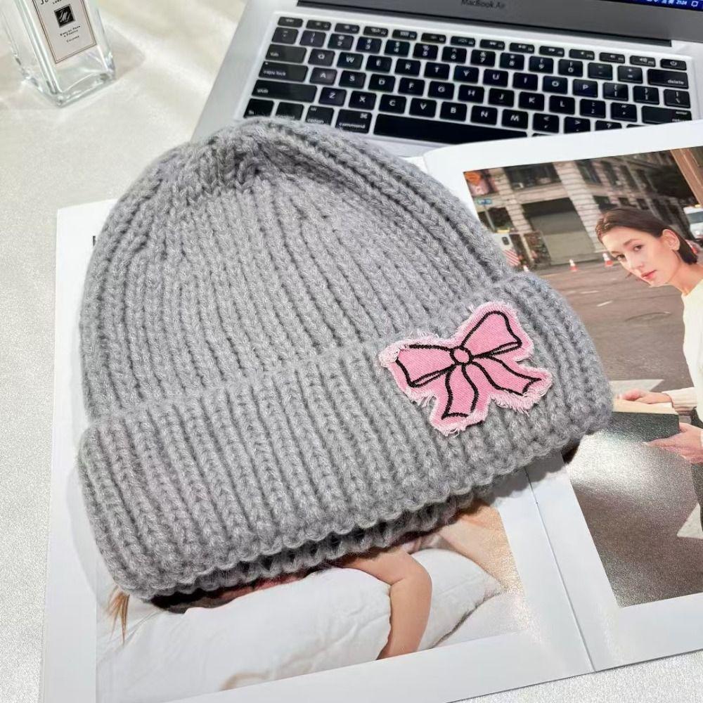 Lace Edge Bow Beanies Hat Solid Color Winter  Knitted Cap Sweet Bow Knitted Pullover Hat  Outdoor