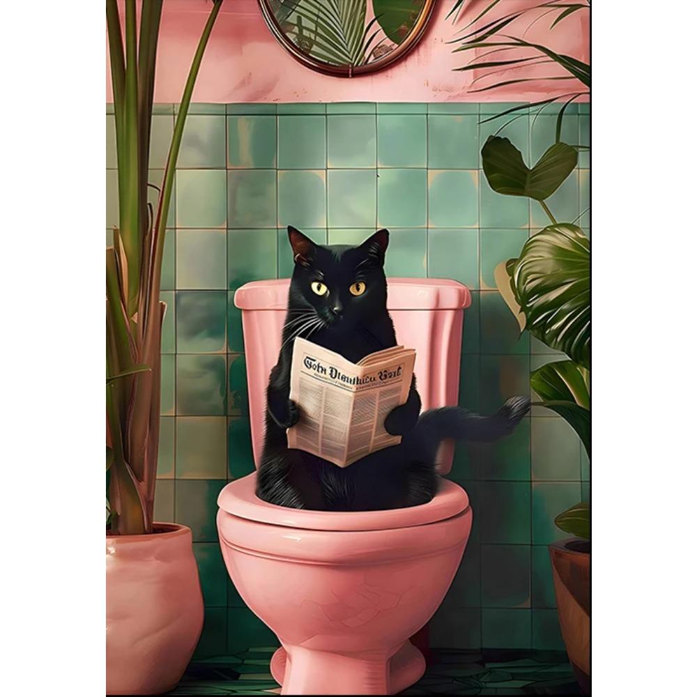 Funny Monkey Reading Newspaper OnToilet Canvas Print Black Cat Animal Bathroom Wall Art Poster for Modern Living Room Home Decor