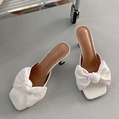 New Fashion Bow -Knot Designer Slides Women Mules Slippers Outdoor Square Toe Thin High Heels Sandal Party Dress Shoes