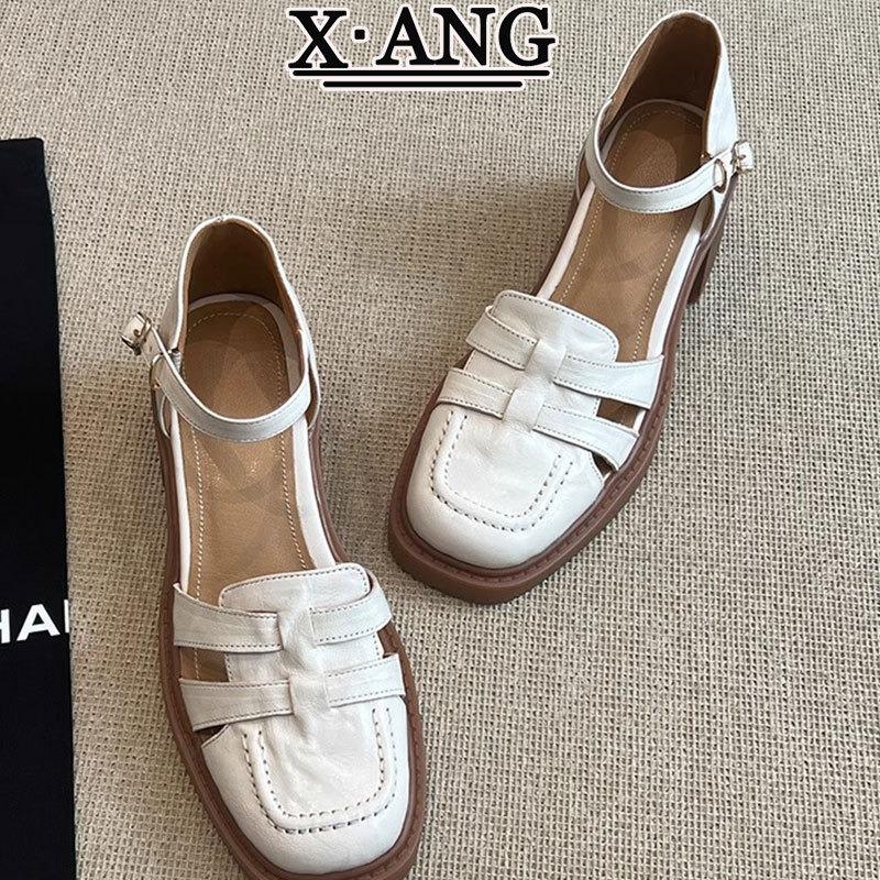 Leather woven bag head sandals women's summer with skirt thick heel Mary Jane shoes one-button high-heeled sandals