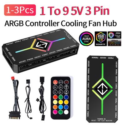 1/2/3 Pcs 1 To 9 3 In 1 5V 3 Pin ARGB Controller Cooling Fan Hub with Remote 4 Pin PWM Magnetic Suction Hub SATA Power Supply