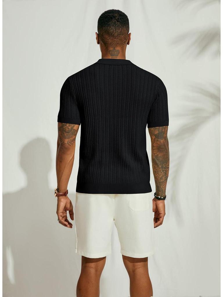 Men's Summer Cool Knit Short Sleeve Collared Shirt - Solid Color, Breathable, Hollow Out Design