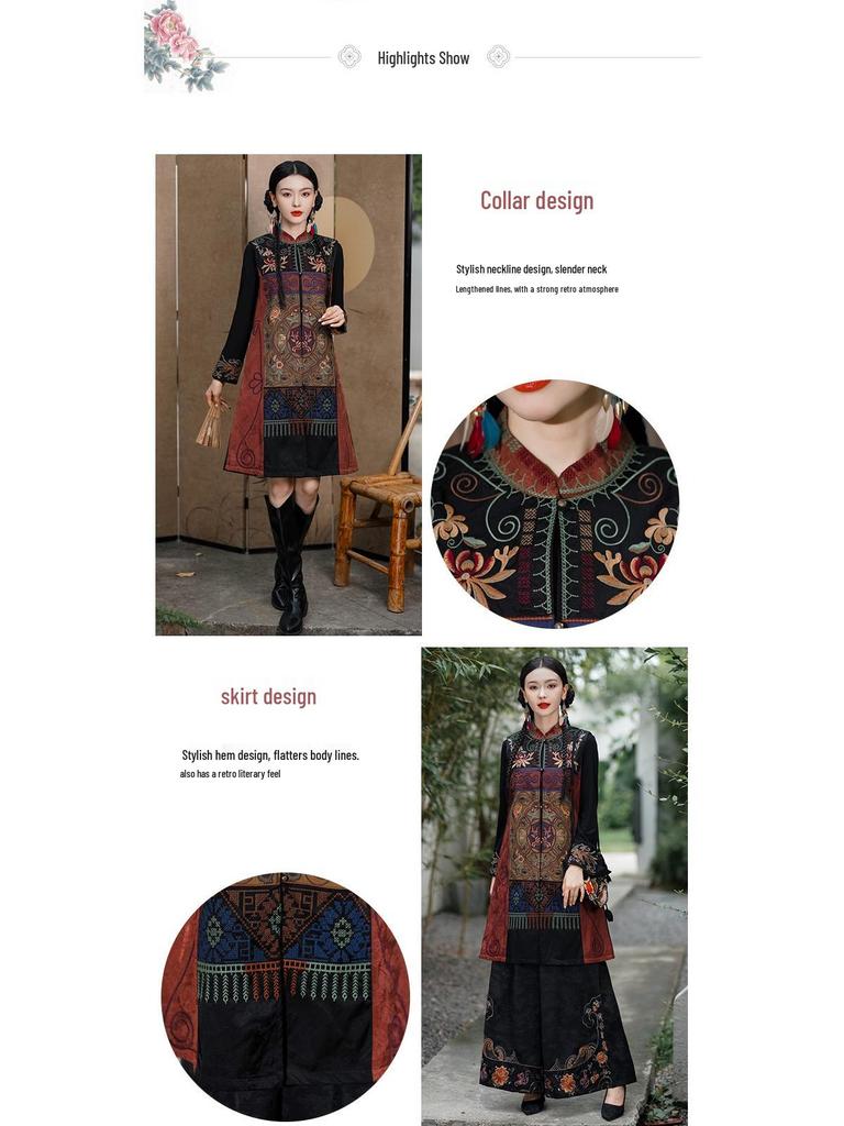 Damen Retro Floral Bestickte Lange Weste - Ärmelloser Ethno-Mantel