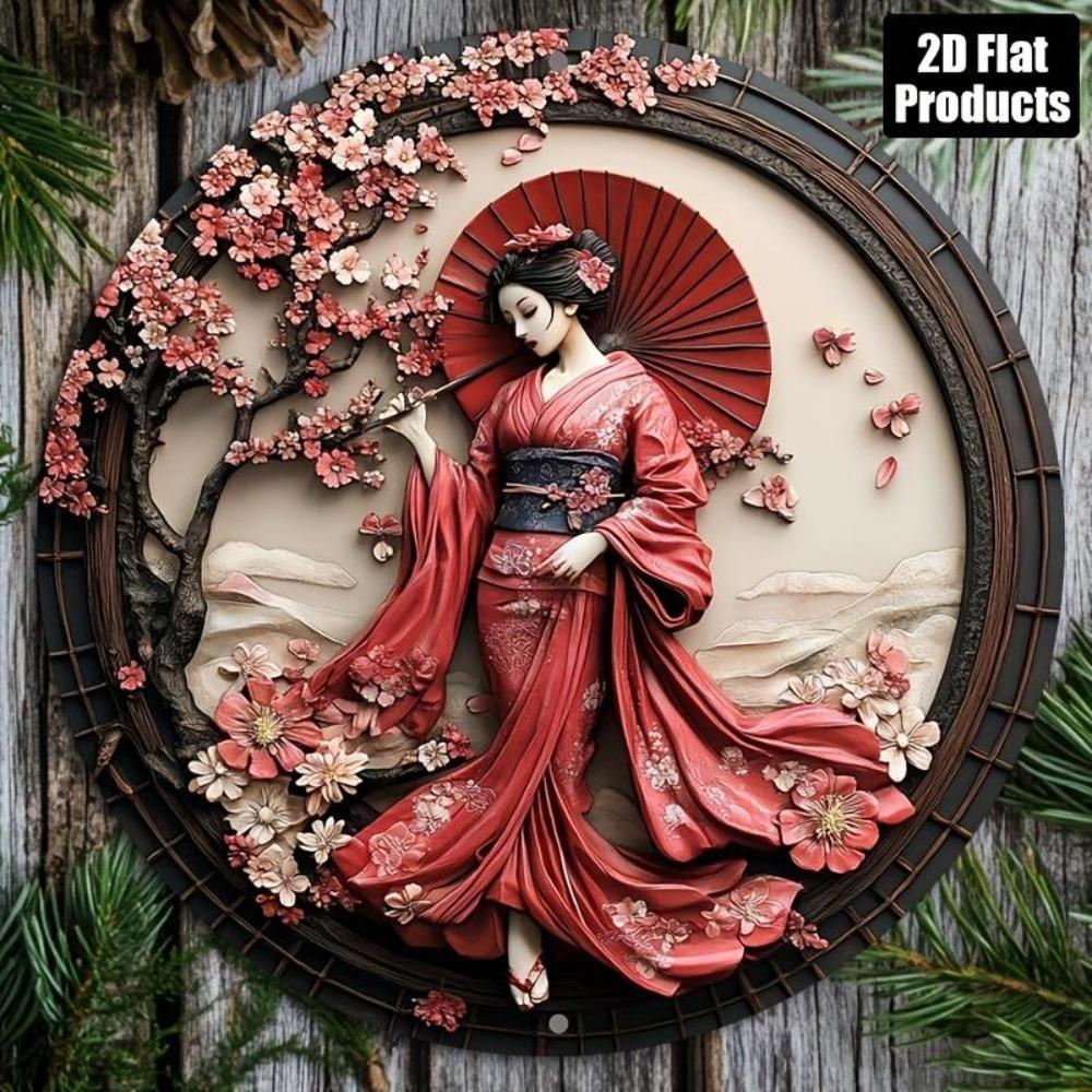 

Japanese Kimono Metal Wall Art Round Sign Red Cherry Blossoms Elegant Home Decor білий