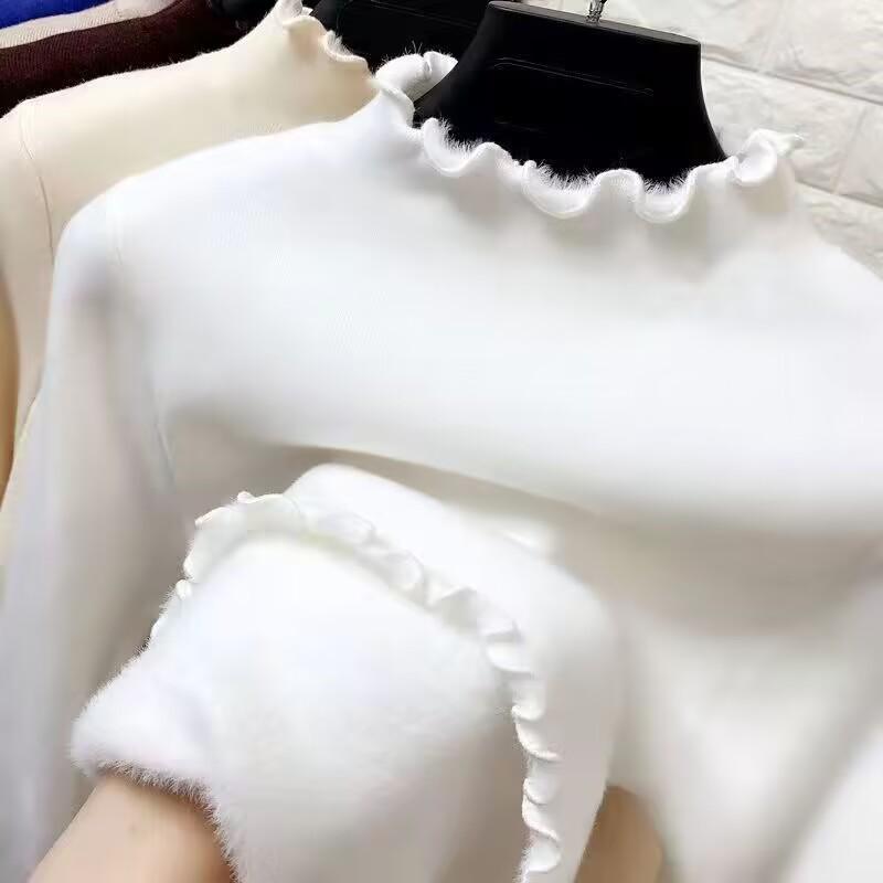 Damen Plüschfleece Unterhemd - Gemütlicher Herbst/Winter Halbhoher Kragen, Holzohr-Besatz