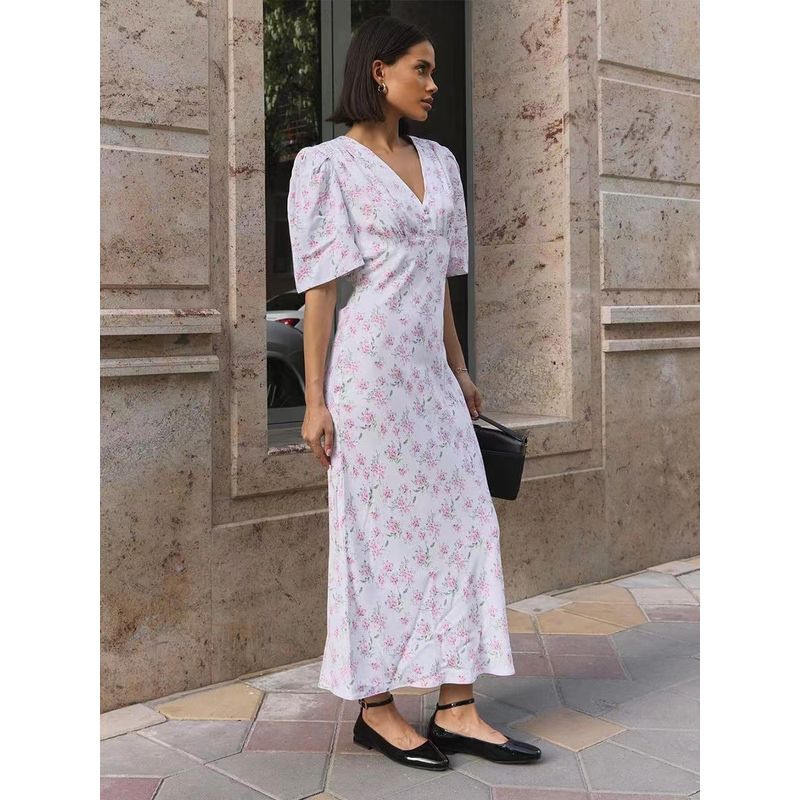 

European and American Summer New Sexy V-neck Shoulder High Waist Long Floral Dress V-Neck Floral Dress White S