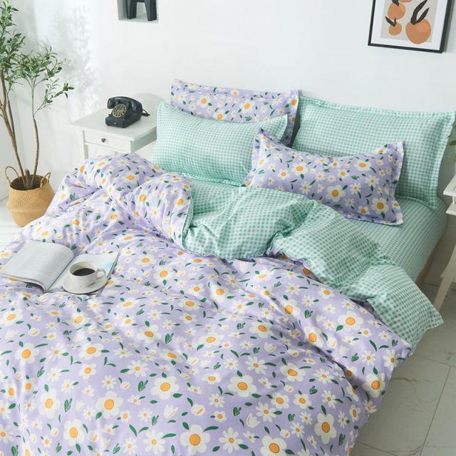 Fashion Bedding Set White Green Double Bed Linens Quilt Duvet Cover Pillowcase Queen Size Flat Sheet Classic Grid for Girl Boy