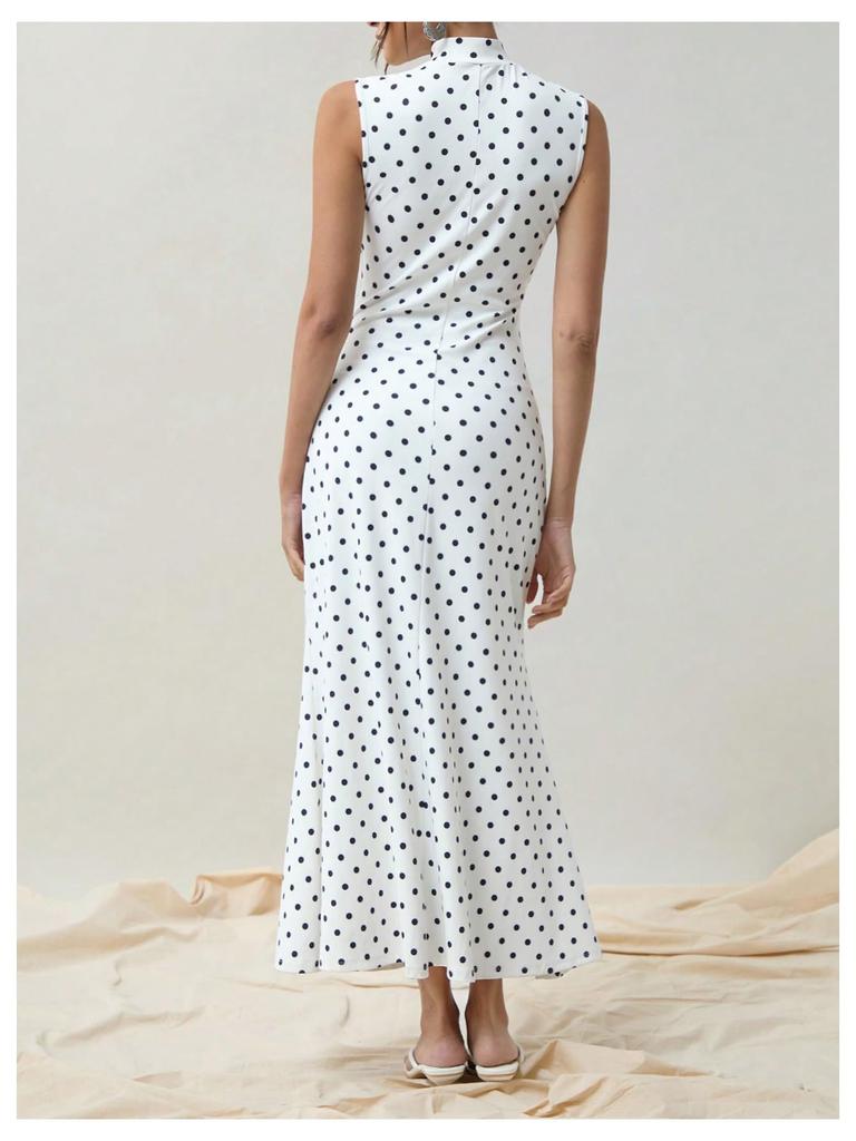 European Style Vintage Polka Dot Print Sleeveless Round Neck Slim Fit A Maxi Dress